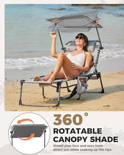 KingCamp Tanning Chair with Face Hole, Lounge Chairs Outdoor Folding Comfy Adjustable 5-Position Foldable Chaise Chaser with Canopy Shade for Outside Beach Patio Sun Bathing Pool, Grey - color: C*skyshade Canopy——grey Canopy, style: oversized