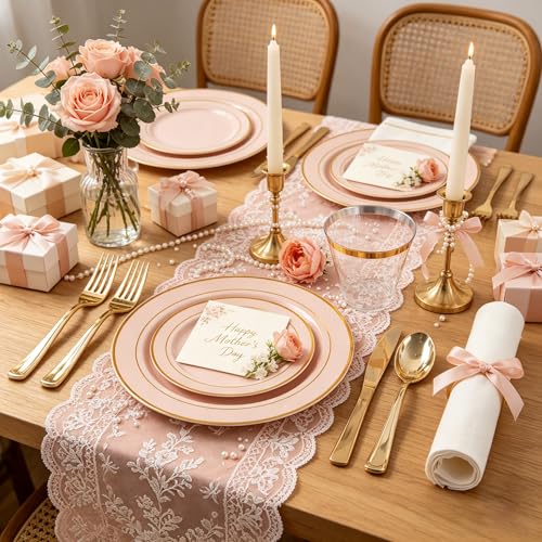 GATHER 700PCS Pink Plastic Plates - Gold Rim Disposable Plastic Dinnerware Set Include 200 Pink Plates, 300 Silverware, 100 Napkins, 100 Cups for Party & Wedding & Mother's Day - color: Pink, size: 100 Guests