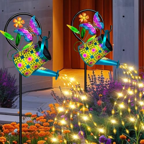 Solar Watering Can with Lights, Waterproof Solar Lantern with Butterfly Shepherd Hook, Hanging Garden Lights for Patio Yard Lawn Porch Outdoor Decoration, Unique Garden Gifts for Women Mom Birthday - color: Blue Butterfly, size: 1 Pack