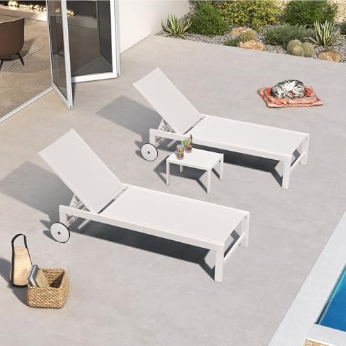 PURPLE LEAF Outdoor Chaise Lounge Chairs Set of 2 White Aluminum Lounge Chair Five-Position Adjustable Chaise with Wheels and Table for Pool Deck Patio, Ivory - color: Ivory, style: Standard Straight-leg