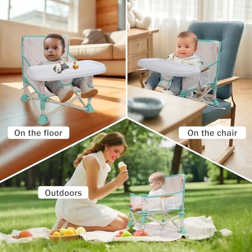 Tiny Marvels 3-in-1 Portable Baby Chair, Foldable Booster Seat with Removable Tray, Safety Harness & Carry Bag for Dining, Travel, Camping, Beach, 6M-3Y (Cream Confetti) - color: Cream Confetti