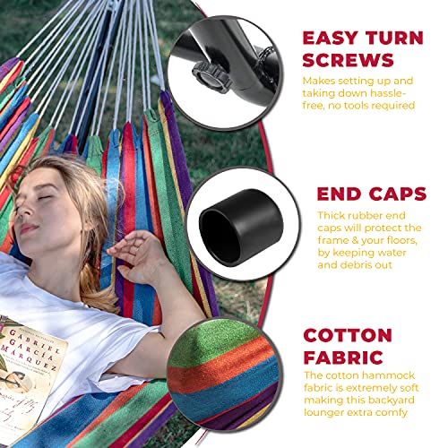 Backyard Expressions Double Camping Hammock with Steel Stand & Carrying Bag, Adjustable Height, Ultra Soft Cotton Blend, 550 lb Capacity, Indoor & Outdoor Portable Hammock - color: Canyon Sunset