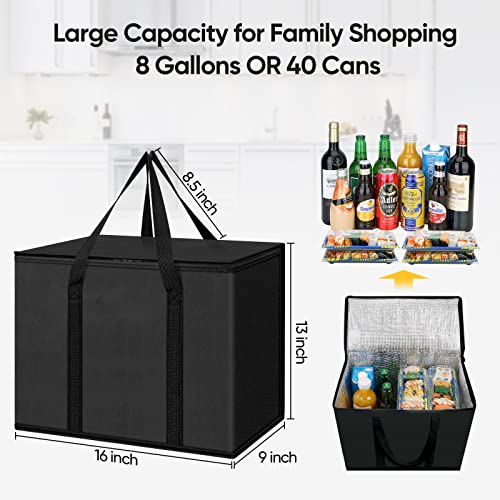 BALEINE 2Pk Insulated Reusable Grocery Bags, Collapsible Cooler Bag for Groceries, Heavy Duty Large Insulated Bag (16''x9''x13'', Charcoal Black) - color: Charcoal Black