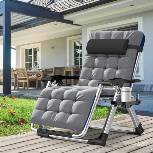 ABORON Oversized Zero Gravity Chair,29In XL Premium Outdoor Lawn Folding Lounge Chairs,Sturdy Adjustable Reclining Patio Chairs with Removable Cushion,Headrest & Tray - color: Upgrade Light Gray