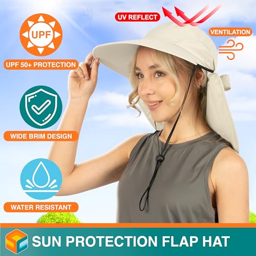 SUN CUBE Wide Brim Sun Hat with Neck Flap, UPF50+ Hiking Safari Fishing Hat for Men Women, Sun Protection Beach Hat - color: Beige With Bow