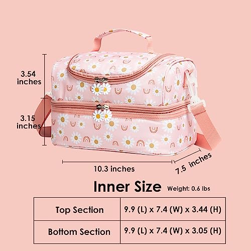 Insulated Kids Dual Compartment Lunch Bags Tote for Girls Boys Toddler Lunch Boxes Pre-School Toddler Kindergarten Elementary Picnic Food Cooler Thermal with Strap (Rainbow Daisies) - color: Rainbow Daisies
