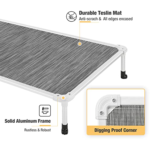 Veehoo Chew Proof Elevated Dog Bed - Cooling Raised Pet Cot - Silver Aluminum Frame and Durable Textilene Mesh Fabric, Unique Designed No-Slip Feet for Indoor or Outdoor Use, Black Silver, Large - color: Black Silver, size: 42.0"L x 30.0"W x 7.0"Th