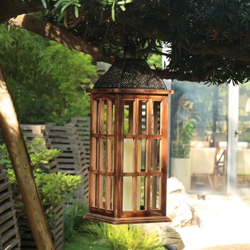 Large Farmhouse Wooden Metal Lantern Set of 3, 27''/22''/15'' H Rustic Decorative Indoor & Outdoor Hanging Candle Lanterns, Wooden Outdoor Lanterns for Patio Front Porch Table, Brown - color: Rustic Brown, size: 3 Pcs-27''/22''/15'' H