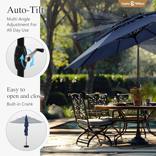 Sophia & William 10ft 3 Tier Auto-tilt Patio Umbrella,Wind Resistent,Outdoor Patio Umbrellas Double Vented Umbrella with Crank for Pool Garden Backyard, Navy - color: Dark Blue