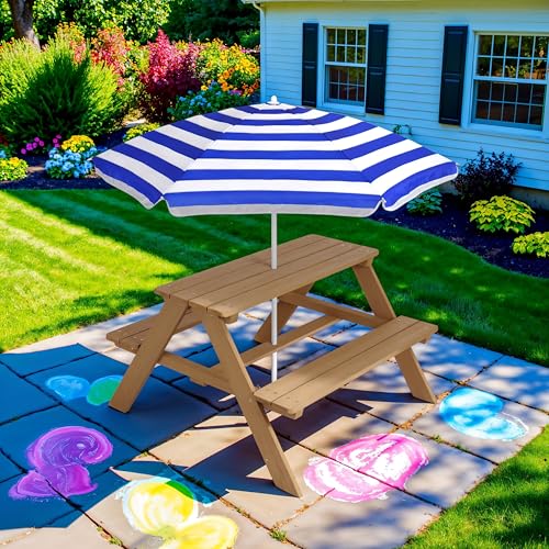 Best Choice Products Wooden Kids Picnic Table with Umbrella, Outdoor Activity Table Set with Built-in Benches, 220 lb Capacity per Bench - Natural/Navy - color: Natural/Navy