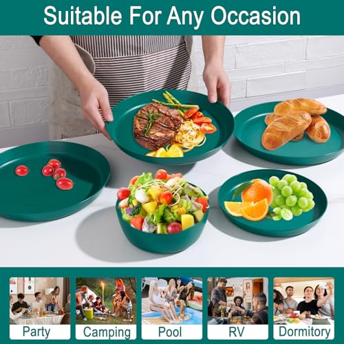 EI 12pcs Dark Green Wheat Straw Plates,Plate and Bowls Sets,Wheat Straw Dinnerware Set,Unbreakabl Plastic Plates Reusable,eMelamine Dinnerware Sets - color: Dark GreenWheat Straw Plates and Bowls