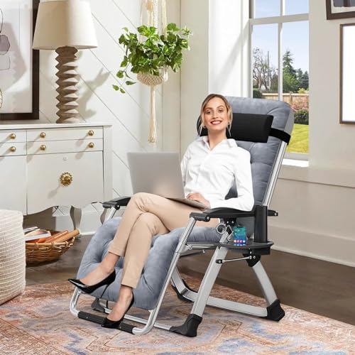 DoCred Comfy Chair, Folding Chair Recliner Chair for Bedroom and Living Room, Folding Reclining Patio Chairs Lounge Chair with Removable Cushion for Indoor Outdoor - color: Grey