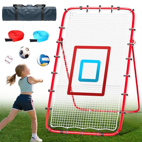 Volleyball Rebounder Net 7x4 Ft, 5-Angle Adjustable Rebounder Net for Practicing Digging, Setting, Spiking, Bounce Back Training Equipment with 2 Target Stripes & Portable Travel Bag for Storage - color: NET102-White