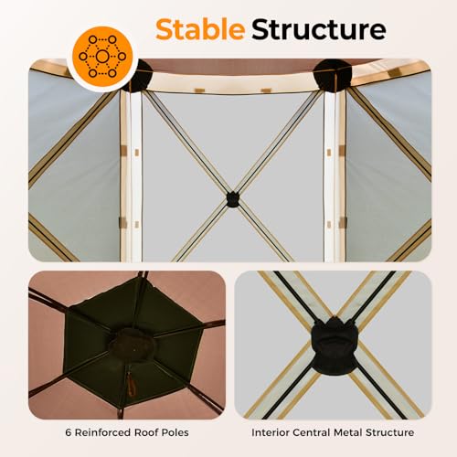Tecoom 6-Sided Pop Up Gazebo Tent, Screen House with Mosquito Netting Canopy for Camping, 10x10ft Portable Sun Shelter Removable Siedwalls for Outdoor, Garden, Activities, Khaki - size: 10x10 ft