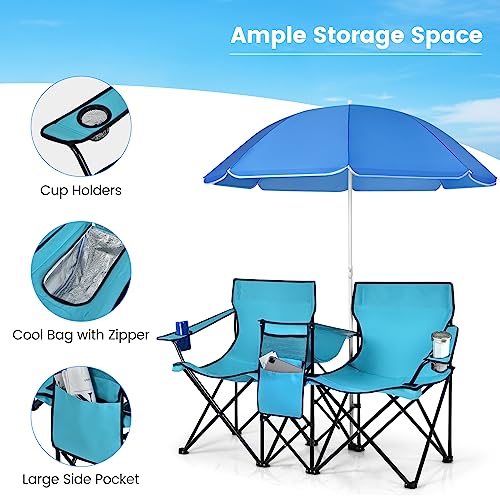Double Camping Chair, 2-Person Portable Beach Chair w/Removable Umbrella, Cup Holders & Carrying Bag, Folding Loveseat Chairs for Adults Outdoor Picnic (Turquoise) - color: Turquoise