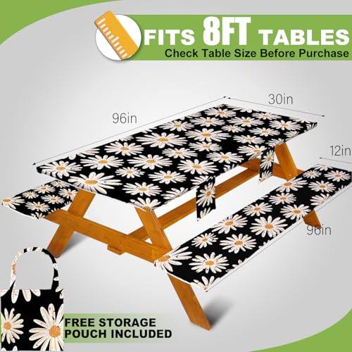 Fitted Picnic Table Cover with Bench Covers, Windproof Vinyl Table Cloths Outside Camping Cooking Backyard Furniture Seat Cushion Tablecloth Activities Party Decor Decorations Para Acampar Equipment - color: Black Daisy, size: 96in
