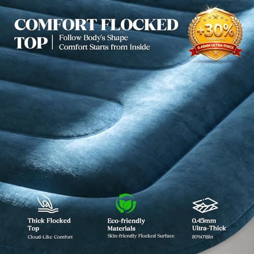 VOSSER Queen Air Mattress with Built-in Pump,18'' Raised Blow Up Mattress, Leak-Proof Air Bed with Storage Bag, Flocked Top Inflatable Mattress for Home, Camping & Guests, I-Beam, Colchon Inflable - color: Blue, size: Queen 18''(comfort Height)