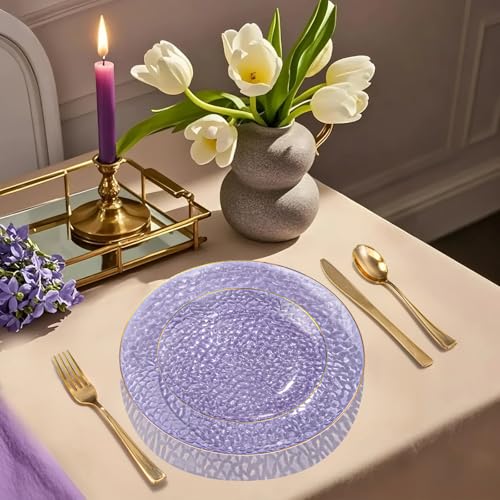DaYammi 350 Pcs Clear Purple Gold Plastic Plates, Hammered Disposable Dinnerware, Clear Purple Plates Set Include 100 Plastic Platos, 150 Gold Disposable Silverware, 50 Cups And 50 Napkins for Party - color: Clear Purple, size: 350 Pcs