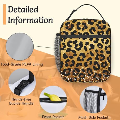 Leopard Print Lunch Box for Men,Gold Glitter Lightweight Reusable Lunch Bag for Girls Boys,Portable Insulated Small Cooler Bag for Picnic,Travel,School,Office - color: Leopard Print