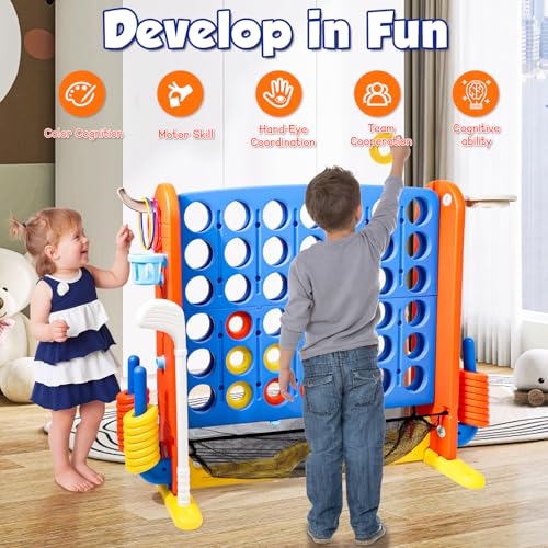 Ancaixin Giant 4 in-A-Row Connect Game Set, Adjustable Height Jumbo Yard Game with Basketball Hoop, Golf, Mesh Pocket & Ring Toss, Indoor Outdoor Family Backyard Party Game for Kids and Adults, Blue - color: Blue