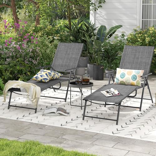 Giantex Lounge Chair Outdoor Set of 2 - Tanning Chair with 6 Adjustable Backrest, 2-Level Footrest, Folding Sunbathing Lounger for Patio, Poolside, Yard, Chaise Lounge Chair, Beach Chair (Grey) - color: Grey