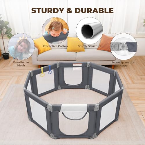 Dripex Small Foldable Baby Playpen, 49"x47" Small Space Play Yard for Travel - Portable Collapsible Play Pen for Babies, Indoor Outdoor Baby Fence, Grey - color: Grey, size: 49"×47" Foldable