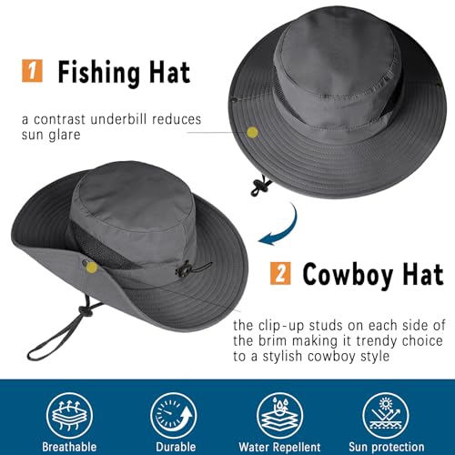 ZOORON Sun Hats for Men Women, Wide Brim Safari Hats UV Protection UPF50+ Waterproof Boonie Hats for Fishing Hiking Camping - color: 1pack-dark Gray