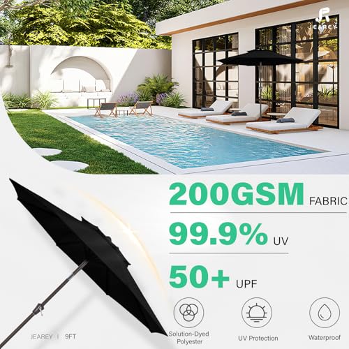 JEAREY 9' 2-Tiers Patio Umbrellas Outdoor Table Market Umbrella w/Push Button Tilt/Crank, 8 Sturdy Ribs, UV Protection Waterproof Sunproof(Black) - color: Black