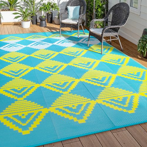 Lahome Outdoor Rugs 8x10 Waterproof, Reversible Plastic Large Outdoor Rug for Patios, Outside RV Mat Carpet for Deck Porch Backyard Balcony Picnic Trailer (Blue/Yellow, 8' x 10') - color: Blue/Yellow/Checkered, size: 8'x10'