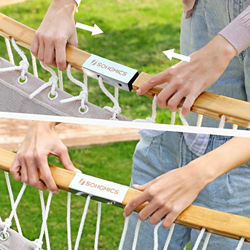 SONGMICS Hammock, Quilted Hammock with Curved Bamboo Spreaders, Pillow, 78.7 x 55.1 Inches, Portable Padded Hammock Holds up to 495 lb, Gray and Beige UGDC34CG - color: Gray + Beige