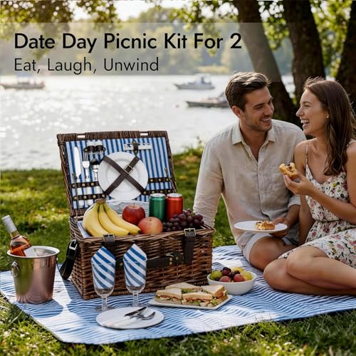 Picnic Basket for 2 Persons - Baskets with Cooler and Picnic Blanket, Classical Wicker Picnic Basket with Waterproof & Sand-Proof Beach Mat,Willow Hamper Service Set - size: 15.43" for 2 Persons with Cooler