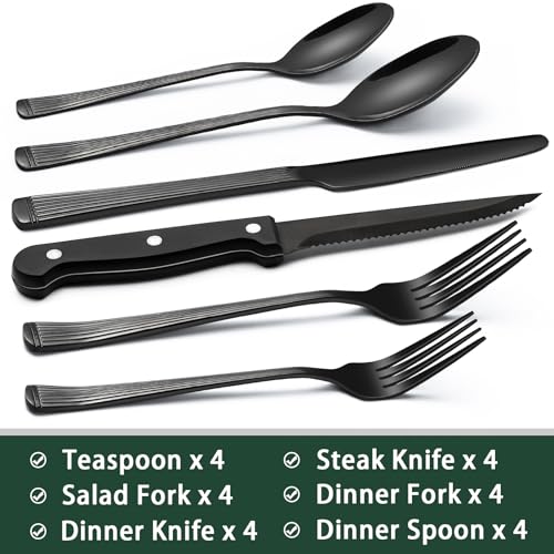 EWFEN 24-Piece Black Silverware Set with Steak Knives, Black Flatware Set for 4, Food-Grade Stainless Steel Tableware Cutlery Set, Mirror Finished Utensil Sets for Home Restaurant, Roman Column - style: Roman Column