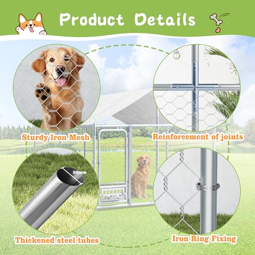 Grepatio Outside Dog Kennel with 2 Rotating Feeder Bowls, 7.5'x7.5' Outdoor Dog Kennel with Waterproof, Dog Enclosure for Large Dogs, Dogs Kennels Run Dog Playpen Fence with Secure Lock (7.5x7.5 FT) - size: 7.5x7.5 FT