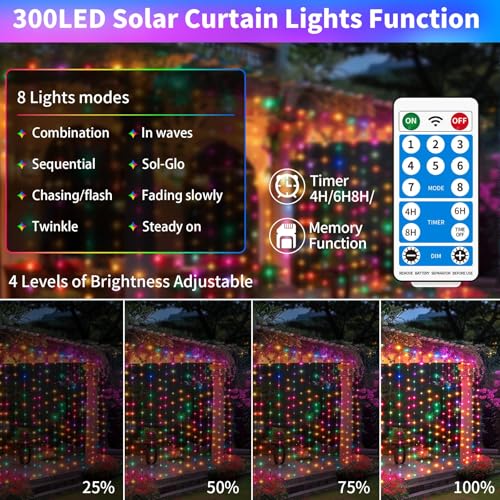 Solar Curtain Lights Outdoor 10 x 10Ft 300LED Waterproof Waterfall Light with 8 Modes Remote USB Rechargeable Dimmable Timer Twinkle Fairy String Lights for Outdoor Christmas Gazebo Wedding Pergola - color: 300LED Multicolor