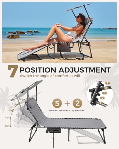 KingCamp Oversized Tanning Chair, Extra-Wide Padded Folding Chase Lounge Chairs Adjustable 5-Position 400lbs Heavy Duty Lounger with Double-Layer Oxford Canopy Shade for Outdoor Beach Patio Sun Pool - color: Oversize Grey Canopy-1 Pack