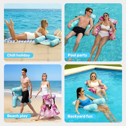 SLOOSH Inflatable Pool Floats Adult,2 Packs Floating Lounge Chairs,Blow up Pool Noodles for Adult Heavy Duty,Floating Chair for Party Summer Water Beach Lake Fun - style: Tropical Leaves-Cyan, Pink