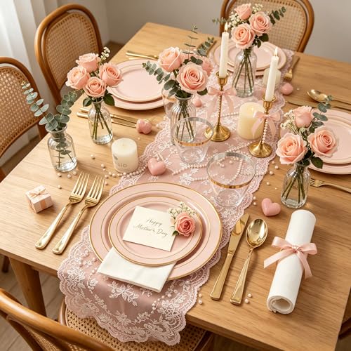 GATHER 700PCS Pink Plastic Plates - Gold Rim Disposable Plastic Dinnerware Set Include 200 Pink Plates, 300 Silverware, 100 Napkins, 100 Cups for Party & Wedding & Mother's Day - color: Pink, size: 100 Guests
