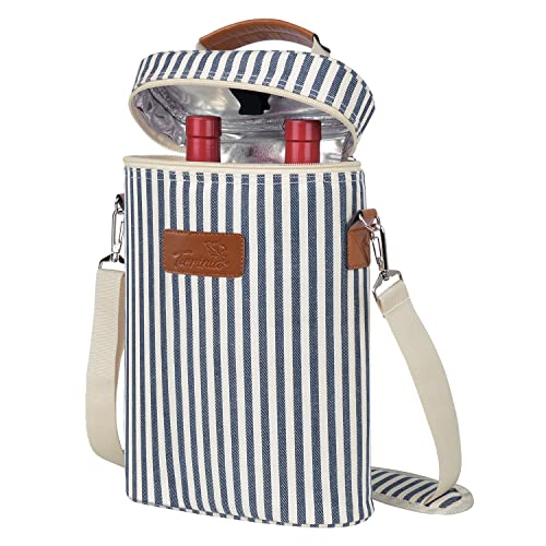 Tirrinia 2 Bottle Insulated Wine Tote Carrier - Leakproof, Padded Cooler Bag for Travel, BYOB, Tasting, Parties - Great Gift for Wine Lovers, Striped - color: Blue Stripe, size: 2 Bottle-without front pocket