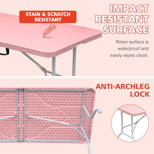 Portable 6Ft Folding Table, Heavy Duty Plastic Fold-in-Half Utility Foldable Dining Table, Multi-Purpose Plastic Folding Table with Carrying Handle for Camping and Party Indoor/Outdoor (Pink) - color: Pink, size: 6Ft