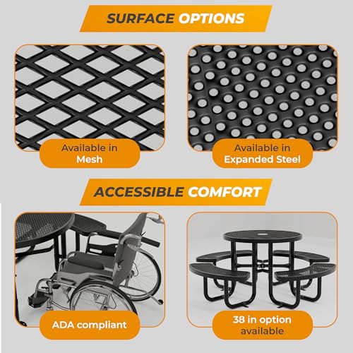 Metal Picnic Tables for Outdoors with Umbrella Hole - Coated Steel Heavy Duty Commercial Grade Furniture Set with Adjustable Seats (Green, 46 in, Round, Expanded Steel) - color: Green, size: 46 In, Round, Expanded Steel