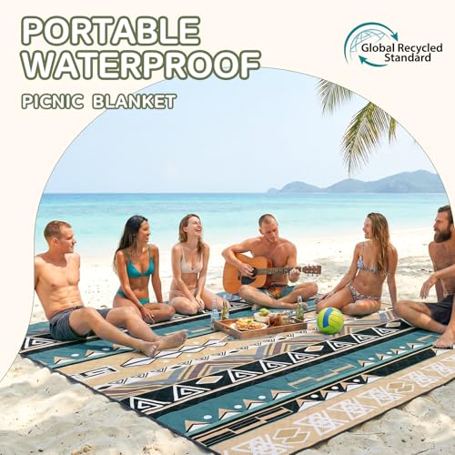 Genovega Waterproof Picnic Blanket Outdoor Camping Beach Mat Rug Extra Large Foldable Car Essential Roadtrip Gadget Accessories Glamping Gear Must Haves Hiking Stuff Backpacking Mother Day Gift - color: Boho Green