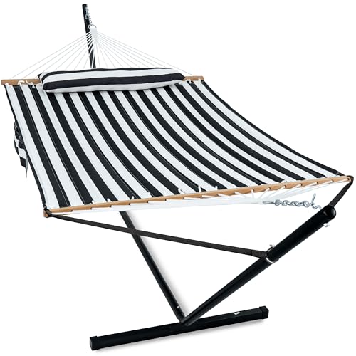 GAFETE 2 Person Hammock with Stand for Outside, Heavy Duty Steel Stand, Double 55inch Hammocks, Large Removable Pillow, Storage Bags, Max 475 lbs Capacity (Stripe Black-White) - color: Stripe Black-white