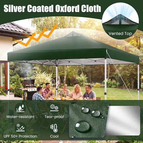 Tangkula 10 x10 Ft Pop Up Canopy with Center Lock, UPF 50+ One-Button Setup Outdoor Canopy Tent with Roller Bag, 4 Sand Bags, Heavy-Duty Steel Frame, 8 Stakes, 4 Ropes for Camping, Picnic (Green) - color: Green