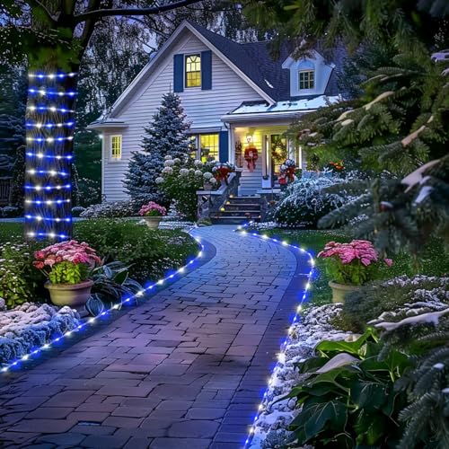 JMEXSUSS 200 LED Solar Rope Lights for Christmas Decor, 72ft IP 65 Outdoor Waterproof Christmas Rope Lights with 8 Modes, Blue and White Solar Christmas Lights for Fence Yard Walkway Christmas - color: Blue and White, size: 200 LED