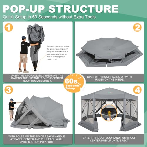 COBIZI 15x15 FT Pop Up Gazebo - Canopy Tent, Large Gazebos On Clearance with Sidewalls, Screened in Gazebo,carpas para Patio,Portable Screen Tents for 12-15 Persons Outdoor Camping, Backyard,Gray - color: Gray, size: 15x15ft Essential Gazebo