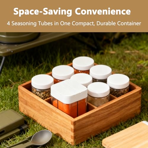 4-in-1 Camping Spice Containers Portable Multi Shaker Container for Travel Spices Seasoning Kit and Mini Organizer Set Salt and Pepper Jars for Camp Cooking and Traveling Essentials