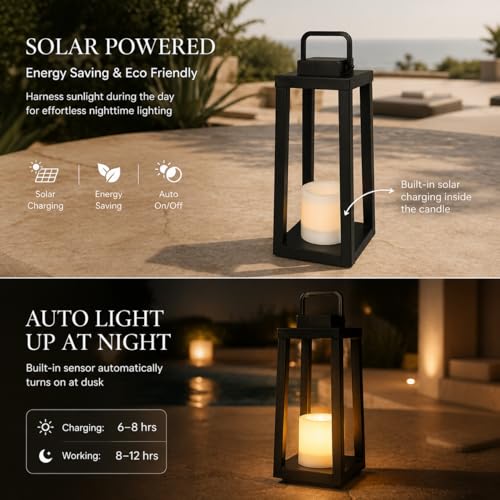 H16 Modern Outdoor Solar Lantern Black Metal Frame with Flickering LED Candle Waterproof and Portable for Patio Deck or Pathway Decorative Sconce with Warm LED - size: H16"