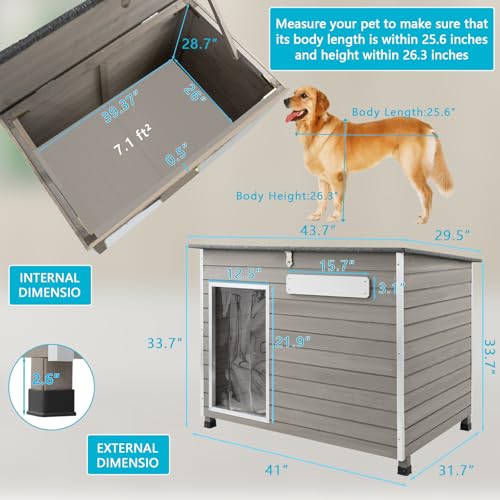 Gowoodhut Dog House Outdoor & Indoor Wooden Dog Kennel for Medium to Large Dogs,43.6" L Natural Fir Wood Dog Houses with Weatherproof Roof,Removable Floors,Raised Feet - size: 44" L x 30" W x 34" H