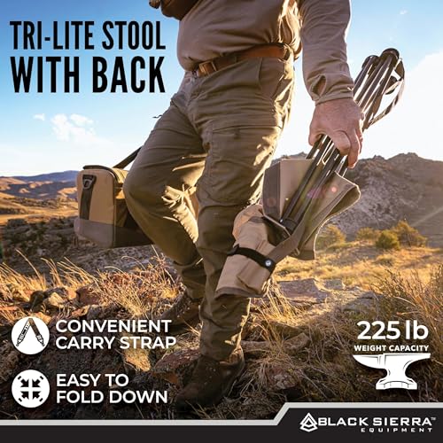 Black Sierra Tri-Lite Stool with Back Lightweight, Folding Chair, for in the Hunting Blind, Camping, and Fishing, Steel Frame Supports 225 LBS - color: Tan 2
