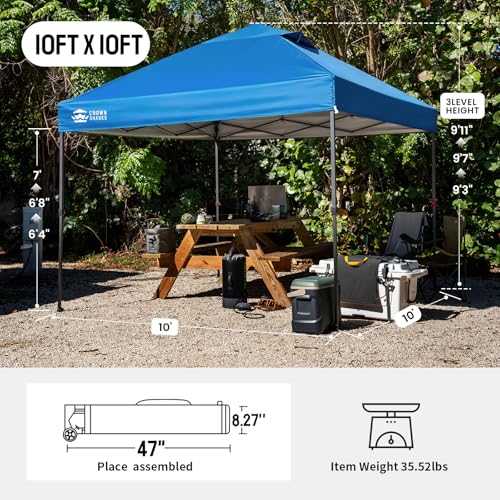 CROWN SHADES 10x10 Pop Up Canopy Tent - Patented Center Lock One Push Instant Outdoor Canopy Beach Tent with STO-N-Go Bag 8 Stakes & 4 Sand Bags，Blue - style: Blue